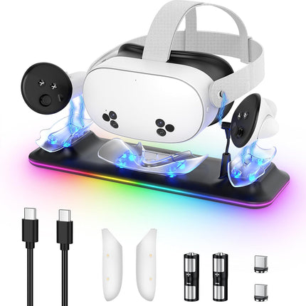 Charging Dock for Meta Quest 3S/3, Magnetic Charging Station for Oculus Quest 3S/3 Accessories with RGB Light, Charging Stand for VR Headset & Controller with 2 Rechargeable Batteries (Black)