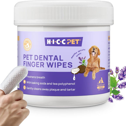 HICC Pet Teeth Cleaning Wipes for Dogs & Cats, Remove Bad Breath by Removing Plaque and Tartar Buildup, Disposable Dog Finger Toothbrush Gentle Pet Dental Care Wipes, 50 Counts, (Mentha Spicata Scent)