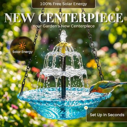 Solar Cascade Hanging Bird Bath Fountain, Hanging Bird Bath with Flowing Water, Bird Bath Fountain Decorative Garden Yard Patio for Outdoor (Blue)