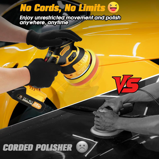 Cordless Car Buffer Polisher Kit, 21V with 2 Batteries, 18 Attachments, Yellow