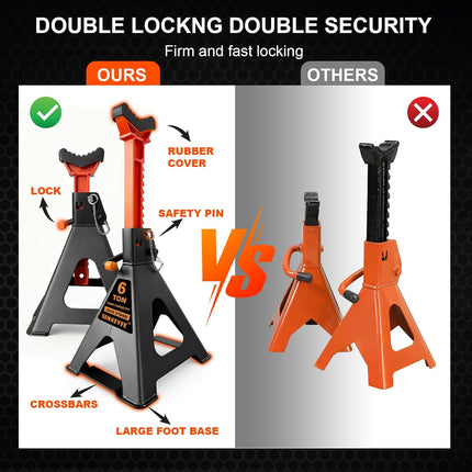 6 Ton (13,200 LBs) Jack Stands with Crossbars,Double Pin Locking,Rubber Cover,Large Foot Base,15"-22" Adjustable Height,Heavy Duty Car Jack Stands,Lifting Bus,RV,SUV,MPV,Pickup Truck,2 Pack