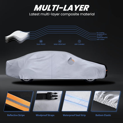 Multi-Layer Car Cover Custom Fit for Nissan Altima(2005-2026), 100% Waterproof All Weather for Automobiles, Gift with Towel, Heavy Duty Car Covers for Rain Sun UV Protection with Door Zipper