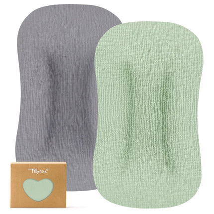 TILLYOU Muslin Baby Lounger Cover, 100% Cotton Newborn Lounger Cover, 2 Pack Baby Nest Slipcover for Boys Girls, Cover Only, Grey and Saga