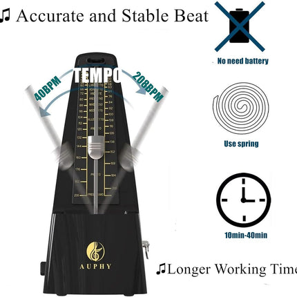 Mechanical Metronome with Accent Bell, Classic Shape, Accurate Beat, Multiple Beat Modes, Suitable for Piano Guitar Drums Violin Saxophone etc,Black
