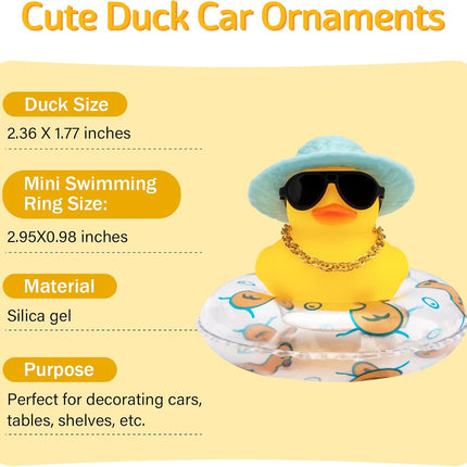 Car Duck Dashboard Decoration, Rubber Duck Car Ornament for Dashboard Decoration Accessories with Mini Bow Tie Gold Chain Straw Hat Sunglasses