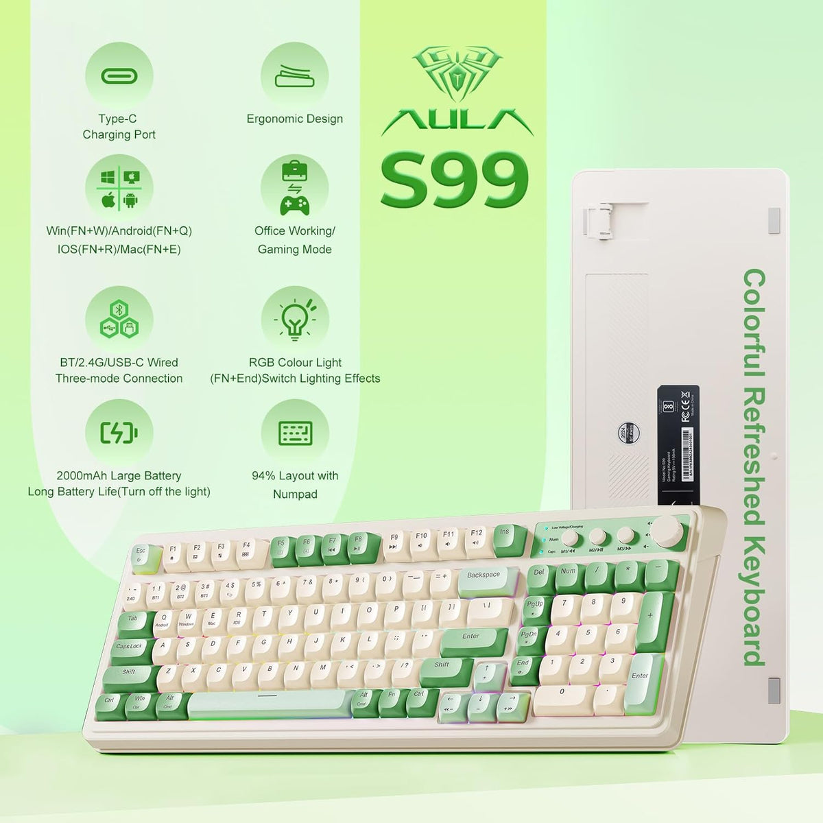 Green Tri-Mode Wireless Gaming Keyboard with Number Pad - photo 2