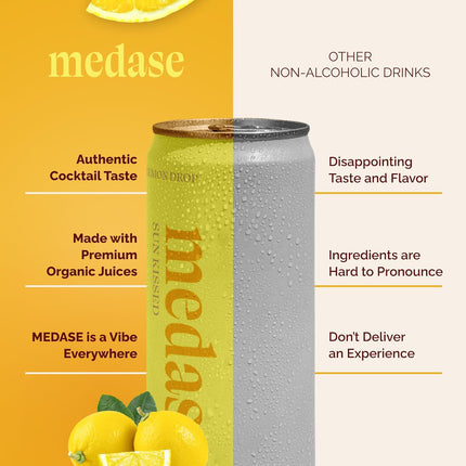 MEDASE Lemon Drop "Sun Kissed" Non-Alcoholic Mocktail (12oz 4 Pack) Authentic Taste, Healthy and Organic Drink, Alcohol Free Beverage, Low Calorie, Gluten Free, Vegan, GMO Free