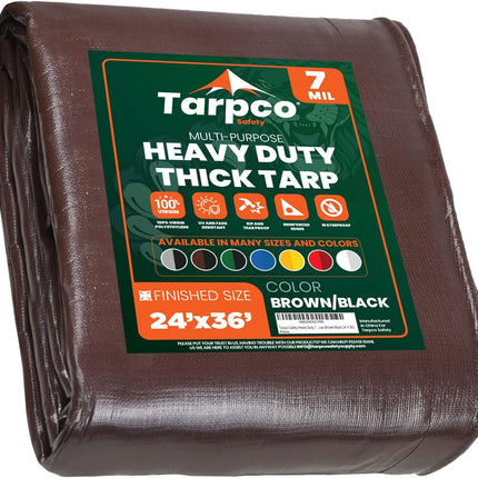 Tarpco Safety Heavy Duty 7 Mil Tarp Cover, Waterproof, UV Resistant, Rip and Tear Proof, Poly Tarpaulin with Reinforced Edges for Roof, Camping, Patio, Pool Cover, Boat (Brown/Black 24′ X 36′)