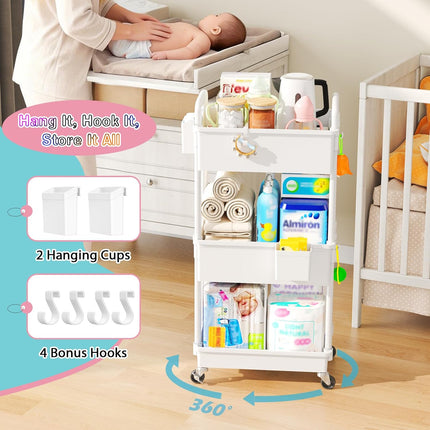 Baby Diaper Caddy Cart, 3 Tier Rolling Diaper Cart with Lockable Wheels for Nursery Essentials, Large Capacity & Easy Assemble Diaper Storage Organizer for Newborn,New Mom, White