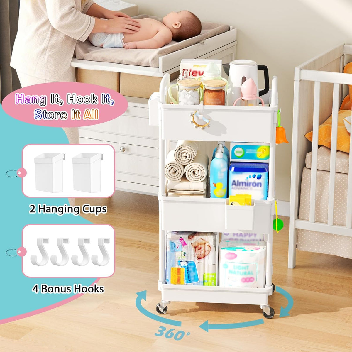 Baby Diaper Caddy Cart, 3 Tier Rolling Diaper Cart with Lockable Wheels for Nursery Essentials, Large - photo 4