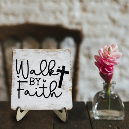 Motivational Sign Rustic Desk Decor Decorative Christian Gifts Religious Bible Verse Faith Decoration for Home Coffee Shop Office Table Shelf Tiered Tray Plaque with Wood Stand