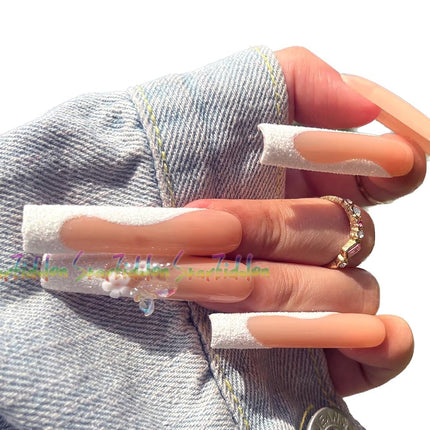 HAND-PAINTED White False Nails Set Coffin Press on Nails Pressons Kit Medium Length Stick on Nails Shoot Nail Art Short Nails with Nail Glue on Nails Square, Long Almond Nail (K26, Medium)