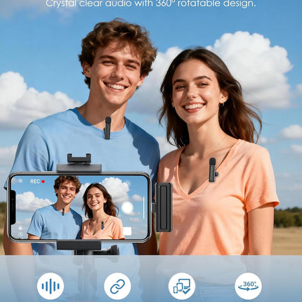 Wireless Mini Microphone for iPhone, iPad, Android, 2 Pack Lavalier Mic with 360° Rotatable Clip, Plug and Play Noise Reduction USB-C Mic for Video Recording YouTube TikTok Podcast Content Creators