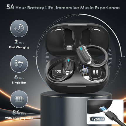 Wireless Earbuds Bluetooth 5.4 Headphones, 54H Playtime Stereo Earphones with Noise Cancelling Mic, IPX7 Waterproof, Fast Charging and Comfort Fit Ear Buds for Fitness/Sports/Workouts/Travel Black