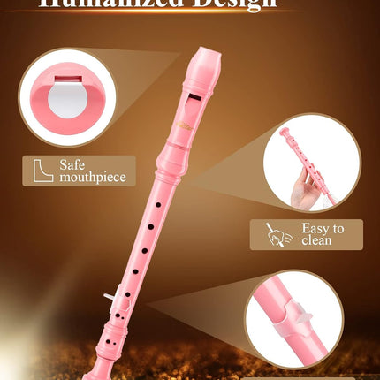 Eastar Soprano Recorder Instrument for Kids Beginners, German Fingering C Key with Cleaning Kit, Thumb Rest, Cotton Bag, Fingering Chart, ERS-21GP, Pink, School-Approved