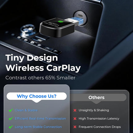 Wireless Carplay Adapter for iPhone Latest Upgrade, Tiny Bluetooth Dongle Convert Wired to Wireless for Apple Car Play Plug & Play, Zero-Lag Auto-Connect GPS Works With 2016+ Car(Matte Black)