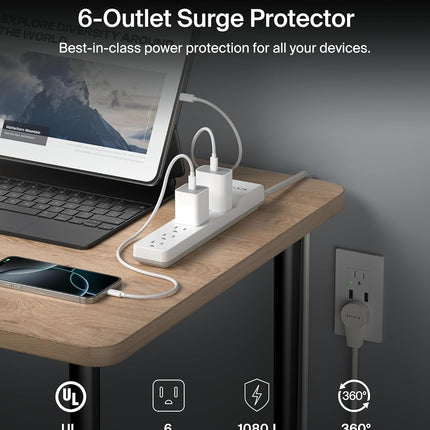 Belkin 6-Outlet Surge Protector Power Strip, 6ft Cord, 360° Rotating Plug - 1080 Joules Protection