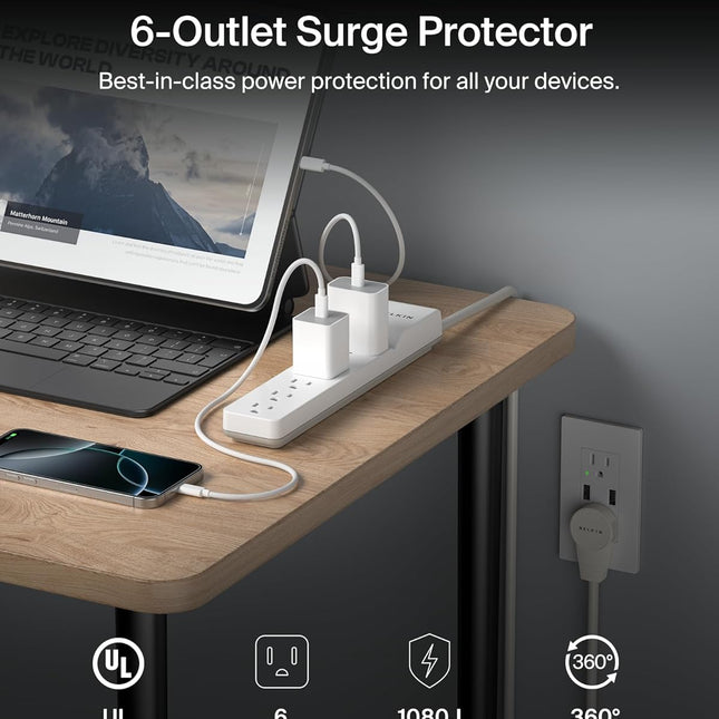 6-Outlet Surge Protector Power Strip, 6ft Cord, 360° Rotating Plug - 1080 Joules Protection - photo 2