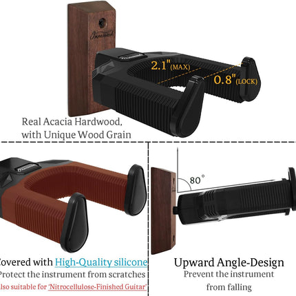Guitar Wall Mount, Auto Lock Guitar Hanger Acacia Hardwood, Guitar Wall Hangers, Guitar Holder Hook Wall Stand for Classical, Acoustic, Electric Guitar, Bass, Ukulele, Gift for Guitar Player