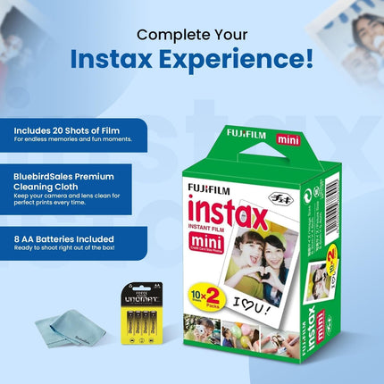 Fujifilm Instax Mini Instant Film, 60 Shots (10 Sheets x 6) – Capture Memories Anytime, Anywhere + BluebirdSales Premium Cleaning Cloth & 8 AA Batteries