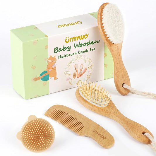 Baby Brush and Comb Set - 4 Piece Wooden Soft Bristle Hairbrush for Newborns, Baby Brush for Cradle Cap - Essentials