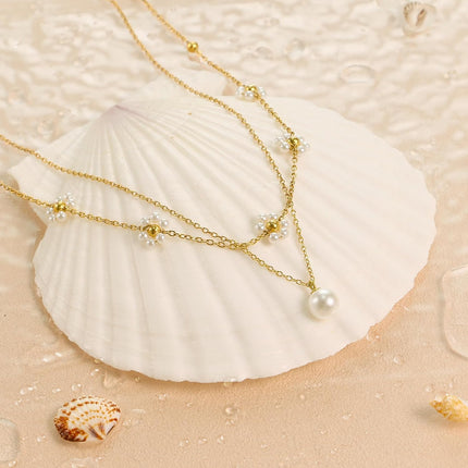 Trinckle Pearl Necklaces for Women, Gold Pearl Choker Single Pendant Necklace Layered Daisy Prom Wedding Strands for Bride Bridesmaids Beach Summer Jewelry