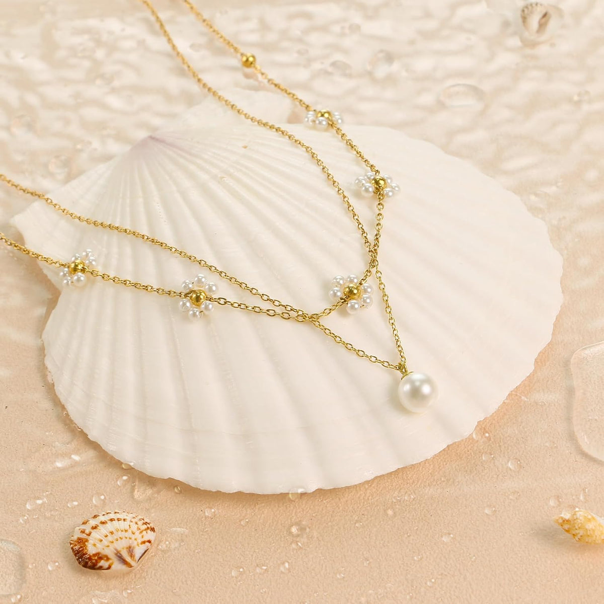 Pearl Necklaces for Women, Gold Pearl Choker Single Pendant Necklace Layered Daisy Prom Wedding Strands - photo 3