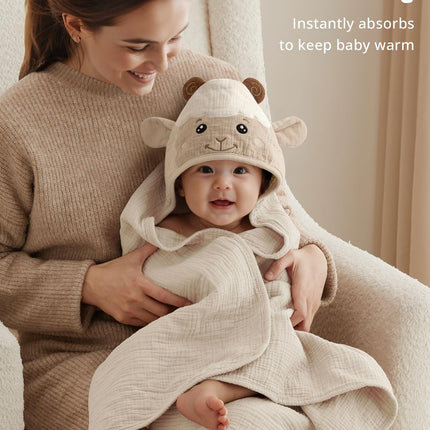 Muslin Baby Hooded Towel 2 Pack, Soft & Absorbent Bath Towel for Infant, Toddler, Unisex, Baby Gift, Newborn Essentials, Bear & Lamb