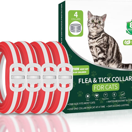 4 Pack Cat Flea Collars, Cat Flea and Tick Treatment, 32 Months Protection Flea and Tick Prevention for Cats, Waterproof Flea Collar for Cats, One Size Fits All, Red and White
