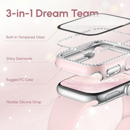 Silicone Band and Case Compatible with Apple Watch Bands for Women 40mm 44mm 41mm 45mm 42mm 46mm, Sport Strap with Bling Diamond Screen Protector Cover for iWatch Series 11/SE3/10/9/8/7/6/5/4