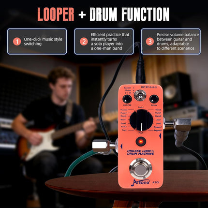 AITONE Looper Drum Machine Guitar Pedal 20 Minute Loop 16 Drum Grooves Tap Tempo True Bypass Mini Metal Effects Pedal for Electric Guitar Practice (AT-01)