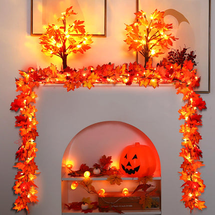 Fall Decorations Lighted Fall Garland, 9FT 50 Count Incandescent Lights Brown Wire UL Certified Connectable Maple Leaves String Lights for Home Party Fireplace Mantle Thanksgiving Decor (Orange, 9FT)