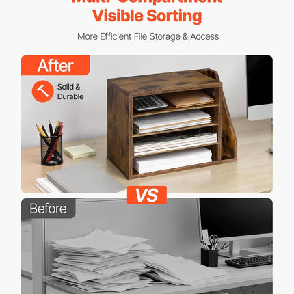 VEVOR Literature Organizer, 4 Compartments Office Mailbox with Detachable Shelves, Wooden Mailbox Sorter with Side Vertical Storage, Countertop Office Home Organizer for File, Document, Paper, Brown