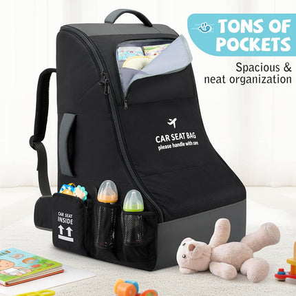 RAINSMORE Car Seat Travel Bag for Airplane Padded Car Seat Backpack Heavy-duty Car Seat Cover for Air Travel Gate Check Carseat Carrier Bags for Airport Fits Infant Carriers & Boosters