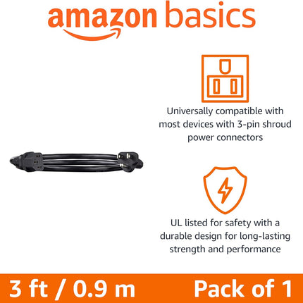 Amazon Basics PC Power Cord, 3 Feet, 3 Prong AC Power Cord for Monitor, Computer, TV, 18 AWG, 125 Volts, Black