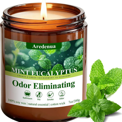 Mint Eucalyptus Odor Eliminating Candles | Eliminates 95% of Pet, Smoke & Bathroom Odors – 7 oz Hand Poured Non-Toxic Soy Candle - Air Freshing Scented Candles - Stress Relief Gifts for Women Men