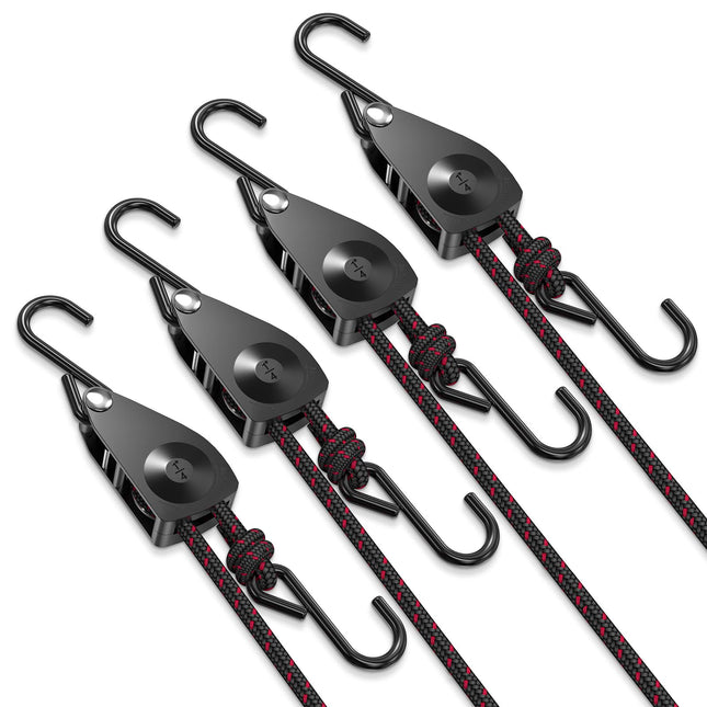 Ratchet Tie Down Straps, 1/4" Adjustable Rope Hangers 4 Pack, 12FT Tie-Down