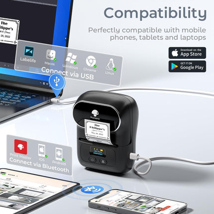 Phomemo M110 Label Makers - Barcode Label Printer Bluetooth Label Maker Portable Thermal Printer for Small Business, Address, Barcode, Logo, Clothing, Mailing, Sticker Printers for Phone & PC, Black