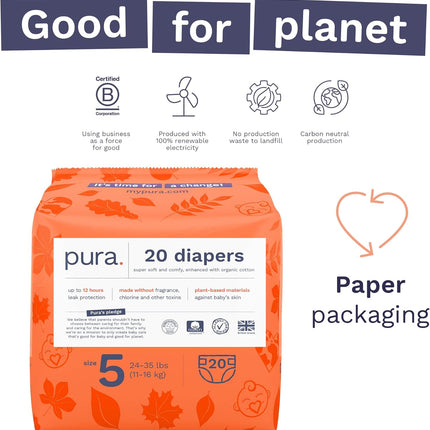 Pura Size 5 Eco-Friendly Diapers (24-35 lbs) Totally Chlorine Free (TCF), Hypoallergenic, Soft Organic Cotton, Sustainable, up to 12 Hours Leak Protection, Allergy UK, 6 Packs of 20 (120 Diapers)