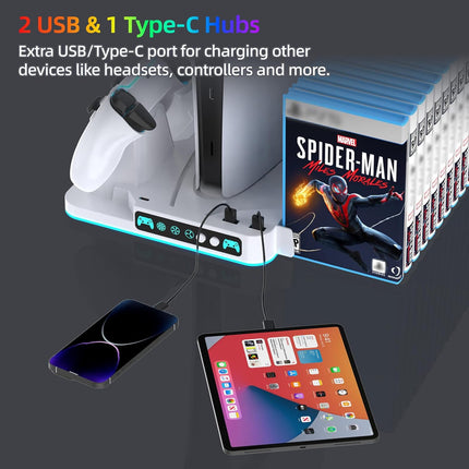 PS5/Slim/Pro Cooling Stand for Disc&Digital with Dual Controller Charging, Multi-Function P5 Accessories 3-Level Cooling Fan, 9 Lighting Modes with Games Storage Slot, White
