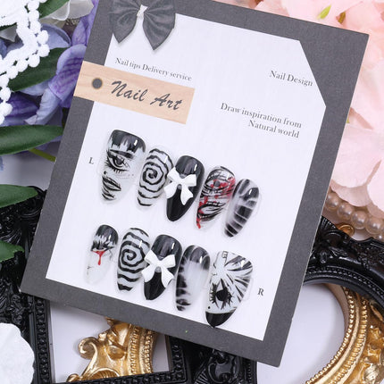 30Pcs Gothic Press on Nails Medium Almond Fake Nails Punk Cartoon Anime with Cute Bow Design Black White Full Cover Glue on Nails Horror Goth Designs Y2k False Nails for Women Acrylic Manicure Decor