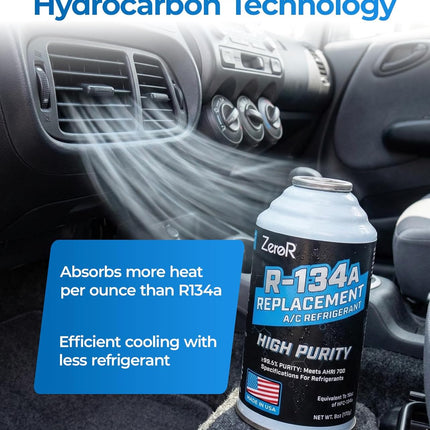 ZeroR® High-Purity R134a Replacement Refrigerant – Eco-Friendly 100% Natural Hydrocarbon A/C Recharge Gas – Compatible with R134a Systems – 1 Can (6 oz Each)