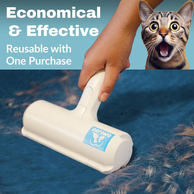 Self-cleaning pet hair lint roller removing fur from couch fabric surface