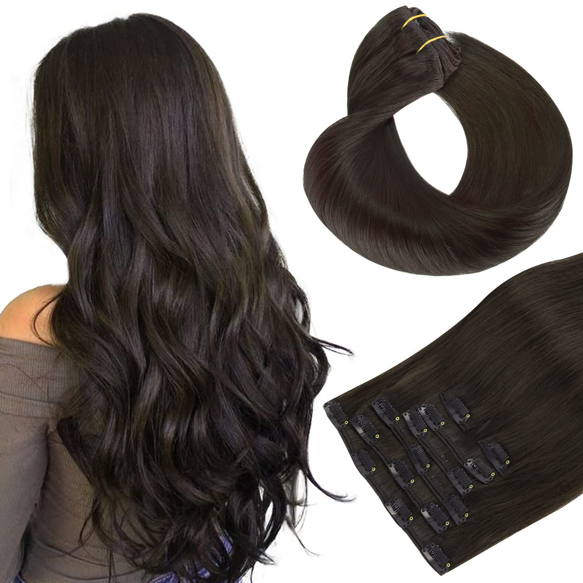 Dark Brown 18 Inch Remy Human Hair Clip-In Extensions, 120g, 7 Pieces