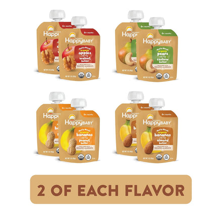 Happy Baby Organics Nutty Blends Stage 2, Fruit and Nut Butter, Allergen Introduction in Baby Appropriate Texture, for 6+ Months, 8 Variety Ct