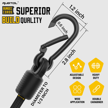 Adjustable Bungee Cords with Hooks, 6 Pack Heavy Duty Outdoor Carabiner Bungee Cord, Black Super Elastic Bungee Straps Easily Adjust from 7" to 48", Great for Cargo, Camping, Bike Racks, Tents