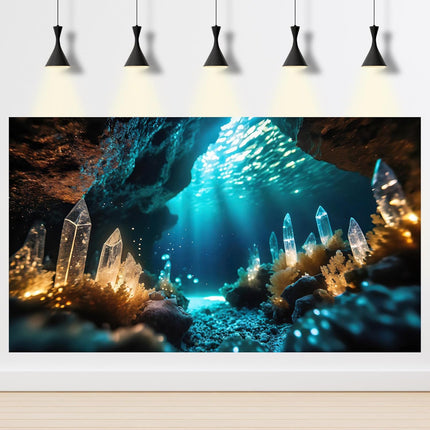 Aquarium Background Under Water Cave with Crystal Terrarium Backdrop Cave Style Rock Sunlight Rays Fish Tank Background Reptile Habitat Backdrop Wallpaper Poster Decor Vinyl 24x12in