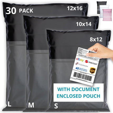 Shipping Bags (30 Pack) with Label Pouch - 8x12, 10x14 & 12x16 - Poly Mailers for Clothes, Self-Seal Plastic Mailing Envelopes - Tear & Water-Resistant Packaging Bags for Clothing, Not Padded