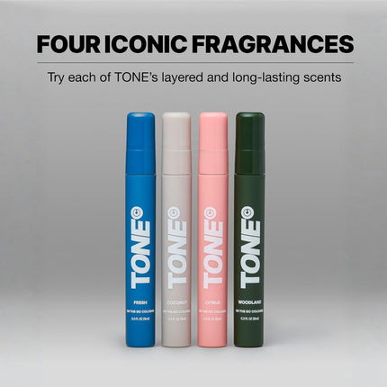 TONE 4 Piece On-The-Go Cologne Sample Pack, Multi-Layered, Light Body Mist Cologne for Men, Travel Size, 4 Premium Scents - Fresh, Citrus, Coconut, Woodland (0.3 Fl Oz Each)