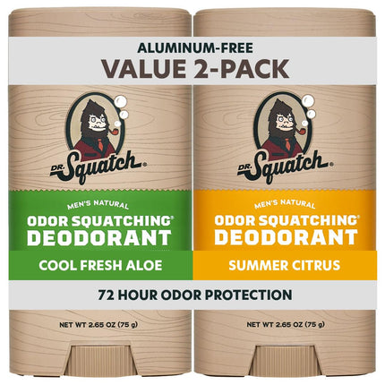 Dr. Squatch Natural Men’s Deodorant – Aluminum Free Natural Deodorant Men with Charcoal & Postbiotics for 72-Hour Odor Protection – Summer Citrus + Cool Fresh Aloe, 2.65oz Stick (2-Pack)